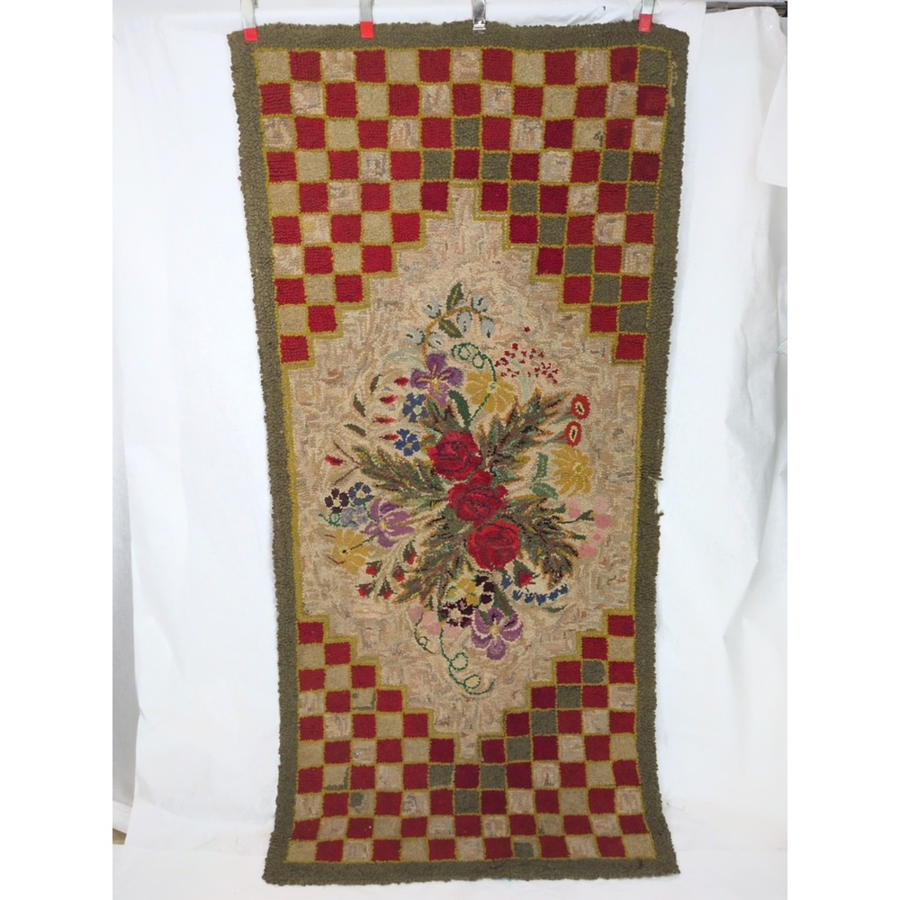 VTG Antique Hooked Rug Large 76"X36" Wool Checkerboard Red Gold Floral Bouquet